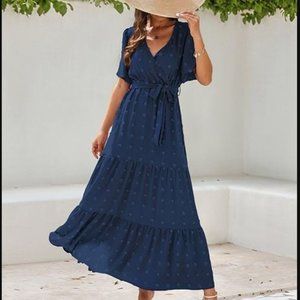 Z Avenue | Navy Swiss Dot Short-Sleeve V-Neck Maxi Dress